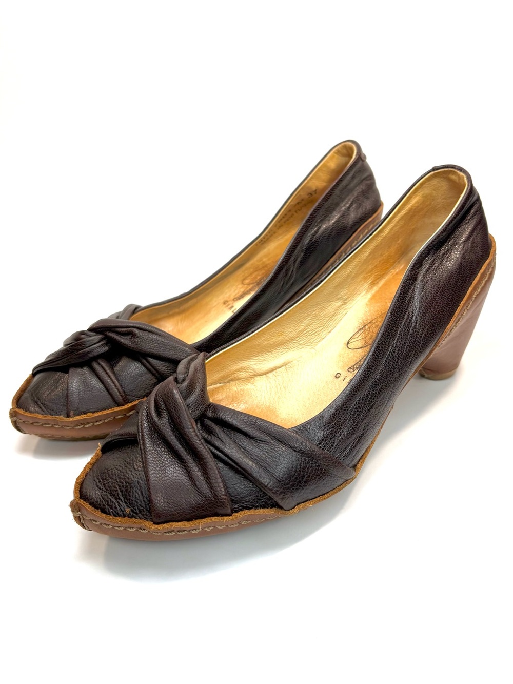 Y2K Fly Girl Brown Leather Knot-Toe Kitten Heels | 37